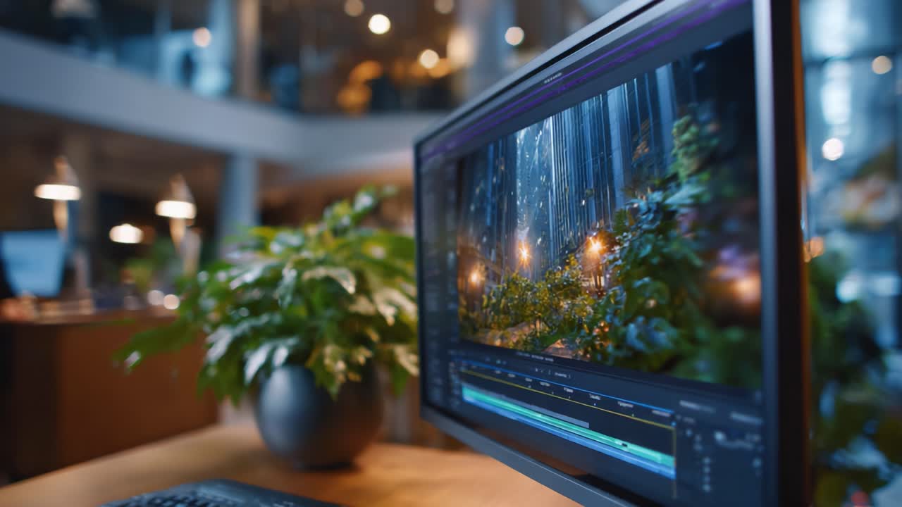 Configurazione visiva accattivante: uno schermo di computer che mostra un'animazione di un giardino lussureggiante con illuminazione dinamica in un ambiente di lavoro moderno