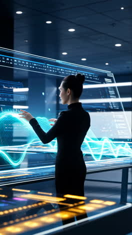 woman interacting with futuristic digital data interface