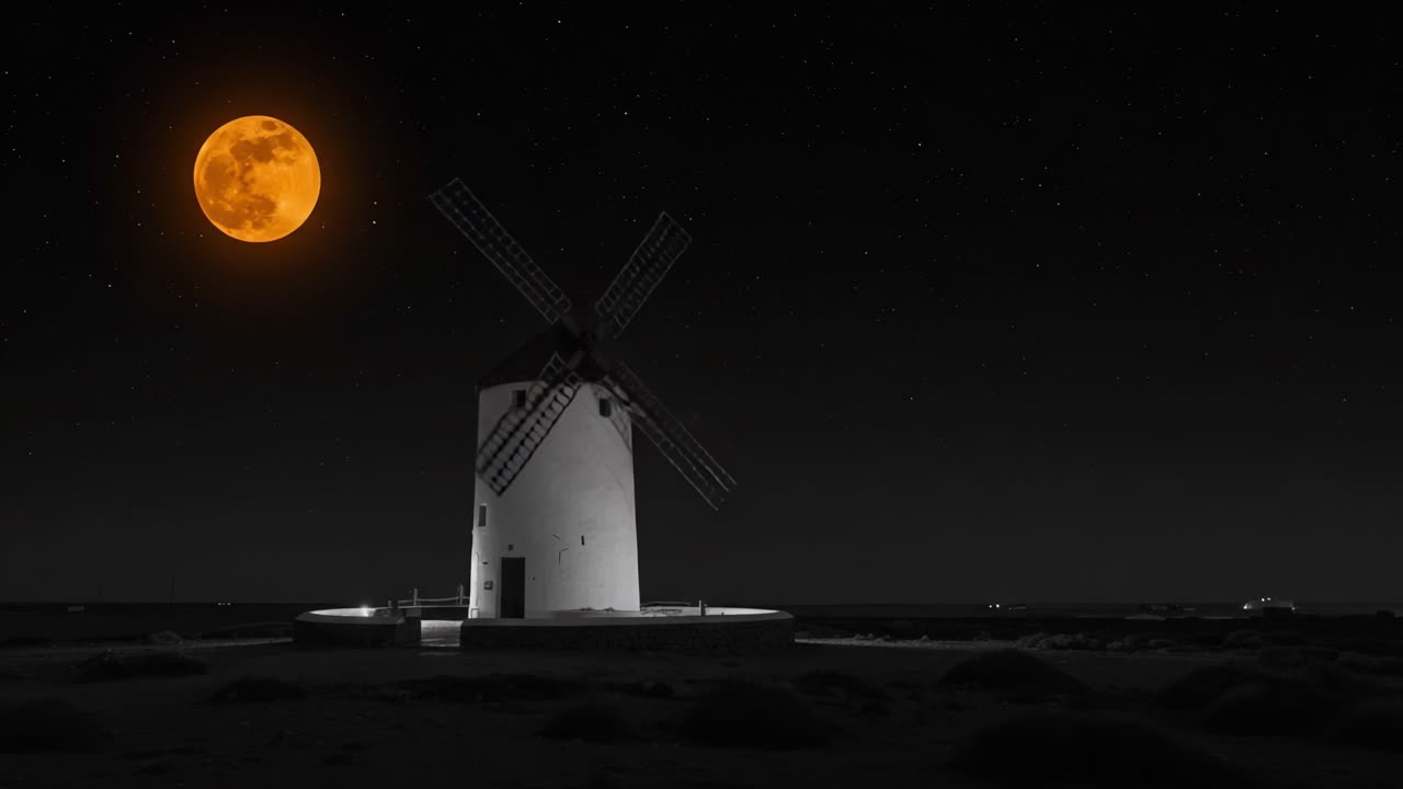 A Serene Night Landscape Featuring a Majestic Windmill Under a Brilliant Orange Moon Illuminating the Starry Sky