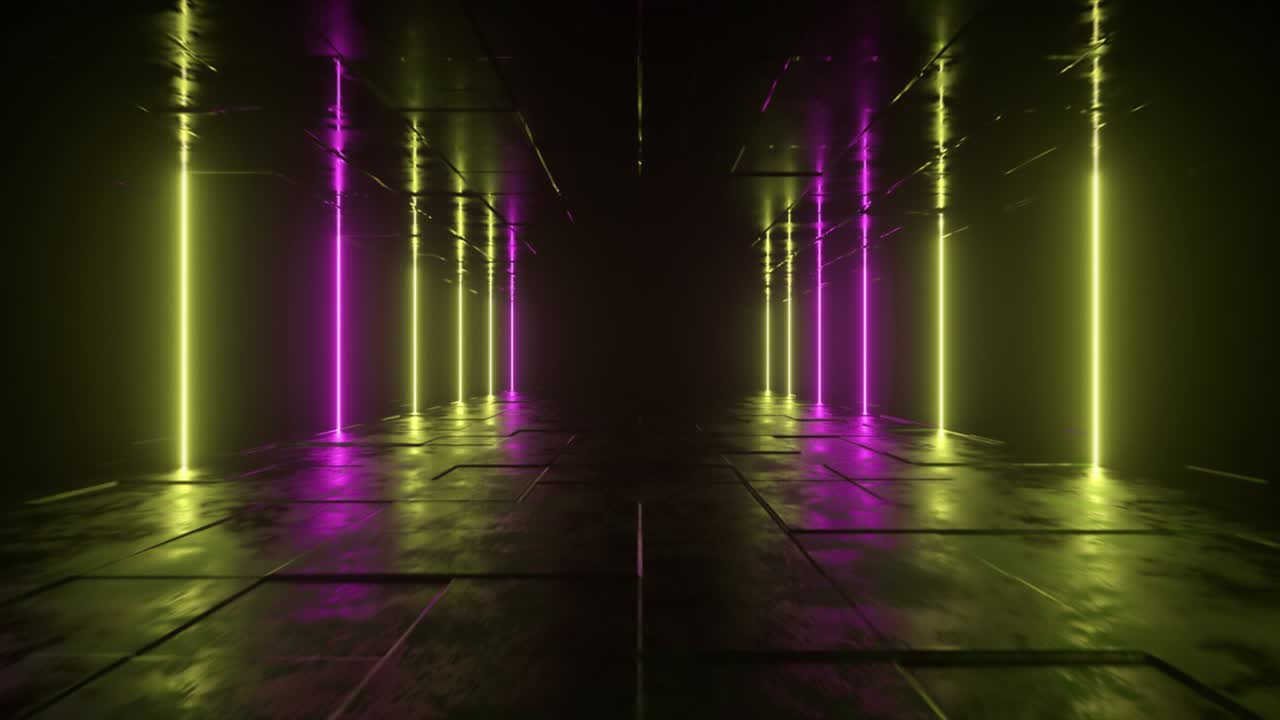 sfondo sci-fi futuristico. luci al neon gialle rosa che brillano in una stanza con pavimento di cemento con riflessi di spazio vuoto. alieno, nave spaziale, futuro, arco. progresso. animazione 3d di loop senza cuciture.