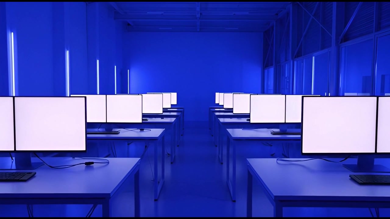 Futuristic Blue Computer Lab with Multiple Blank Screens