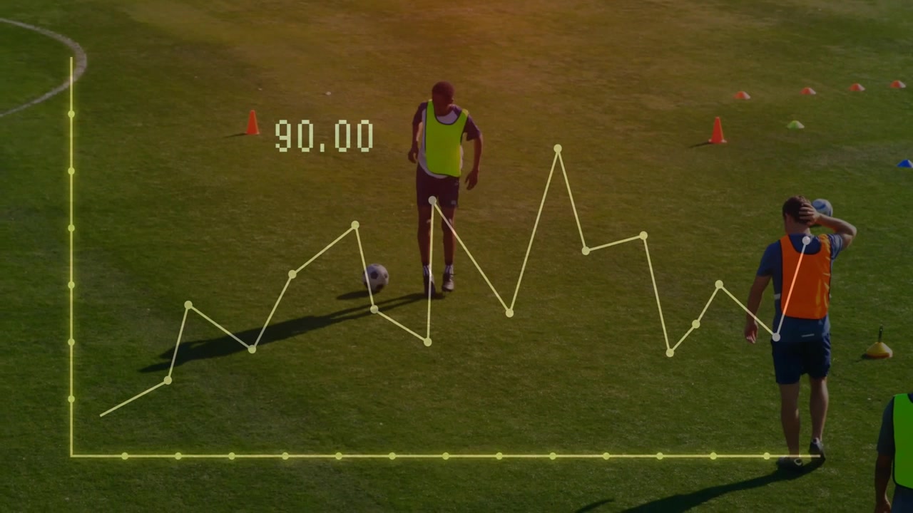 Calciatori che controllano il pallone e camminano sul campo, con un grafico delle prestazioni sportive che mostra 90