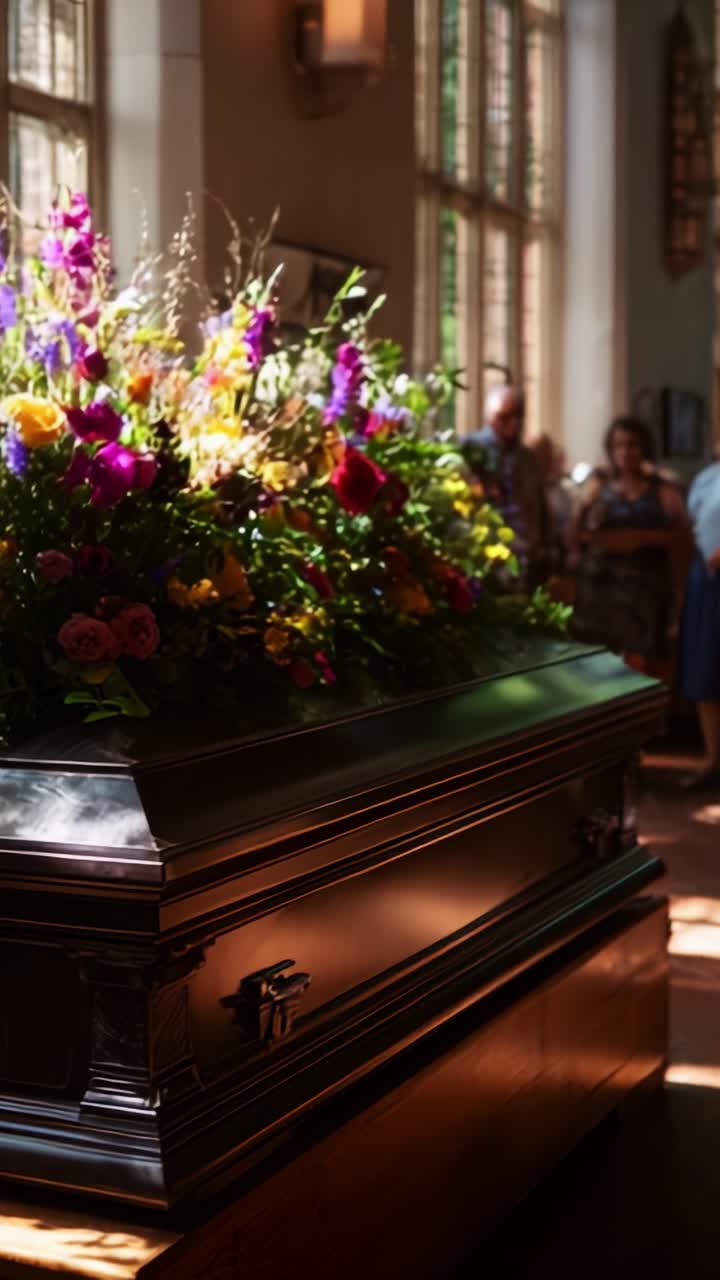 Un'elegante bara adorna di fiori vivaci si trova in una stanza illuminata dal sole, circondata da persone in lutto che porgono l'ultimo saluto durante una toccante cerimonia di addio.
