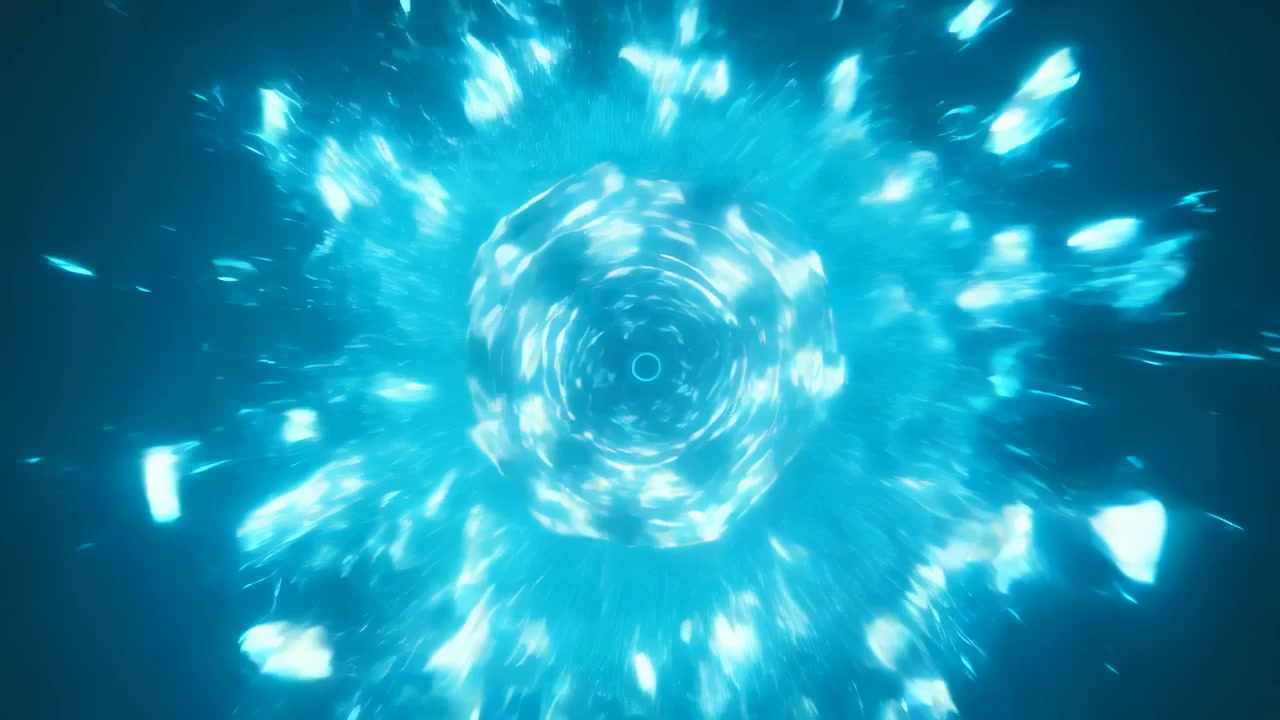 Verschijnend HUD-frame activeert cyaan vortex in donkere leegte, gloeiend, barst in scherven en vormt kern
