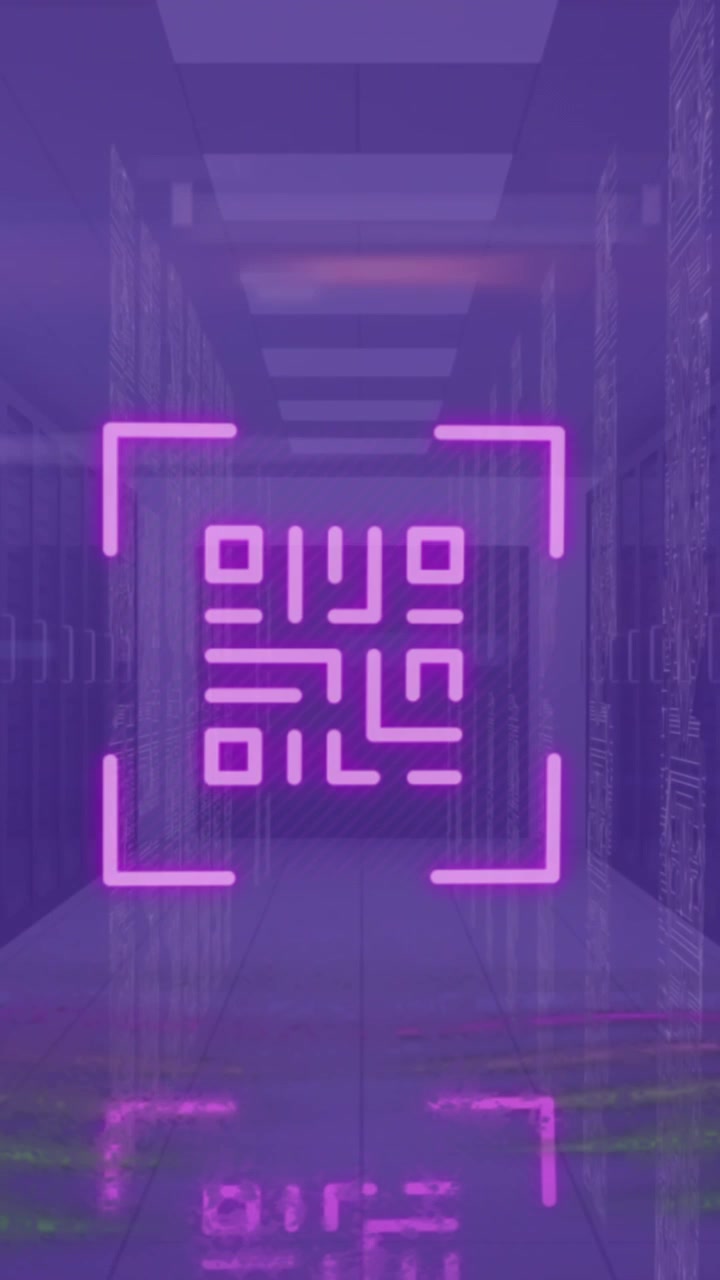 Animation of data processing and qr code over server room