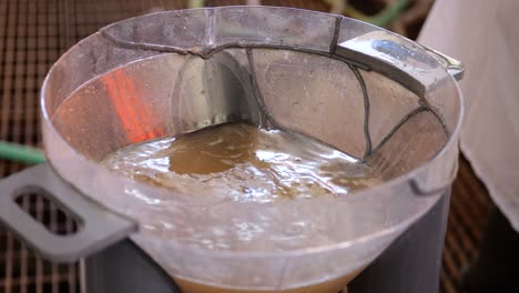 Recolectando-Huevos-De-Peces-En-Instalaciones-De-Acuicultura,-Vertiendo-Agua-En-El-Tanque-De-Recolección