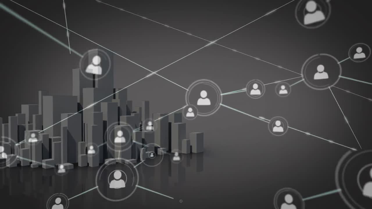 Animation of network of connections over cityscape
