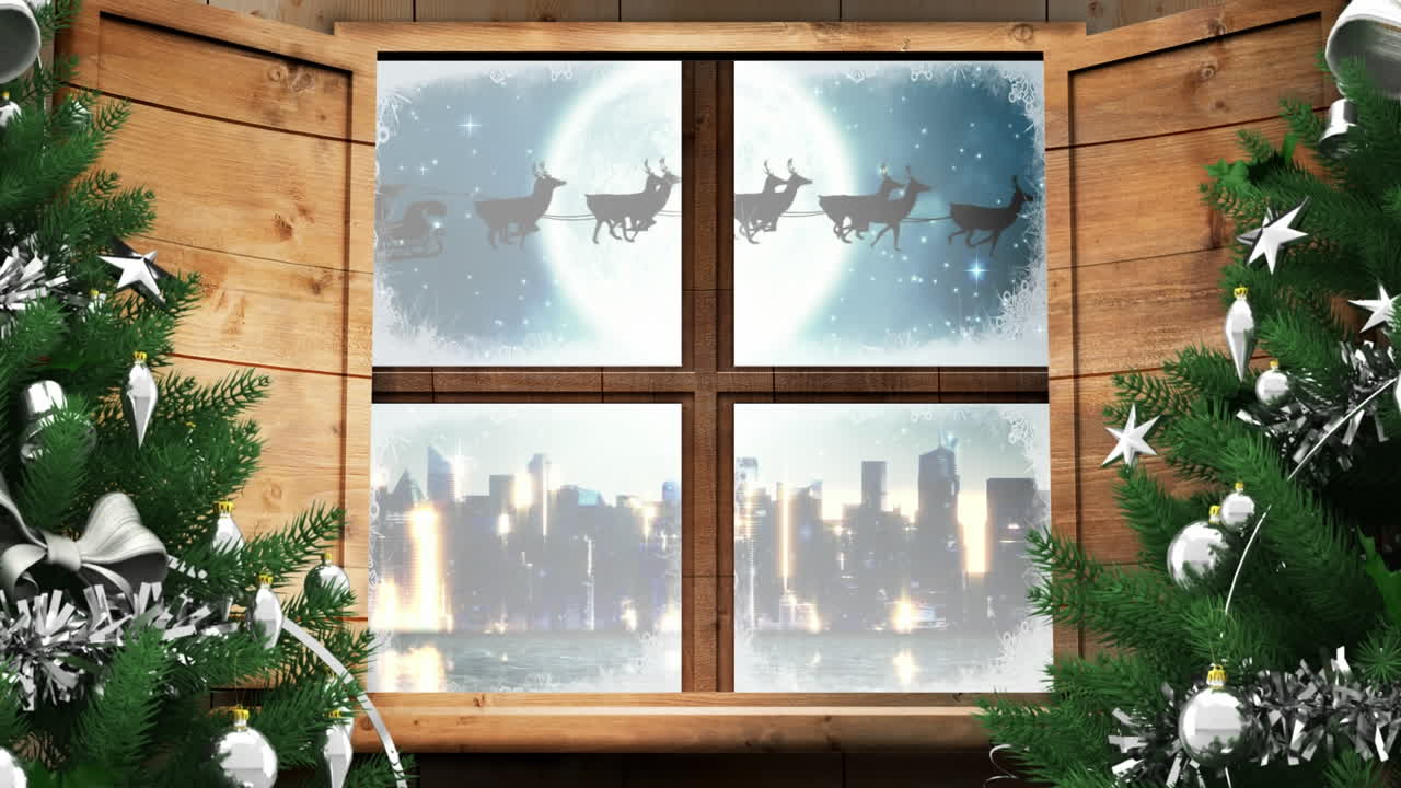 Animation of winter scenery with santa in sleigh with reindeer