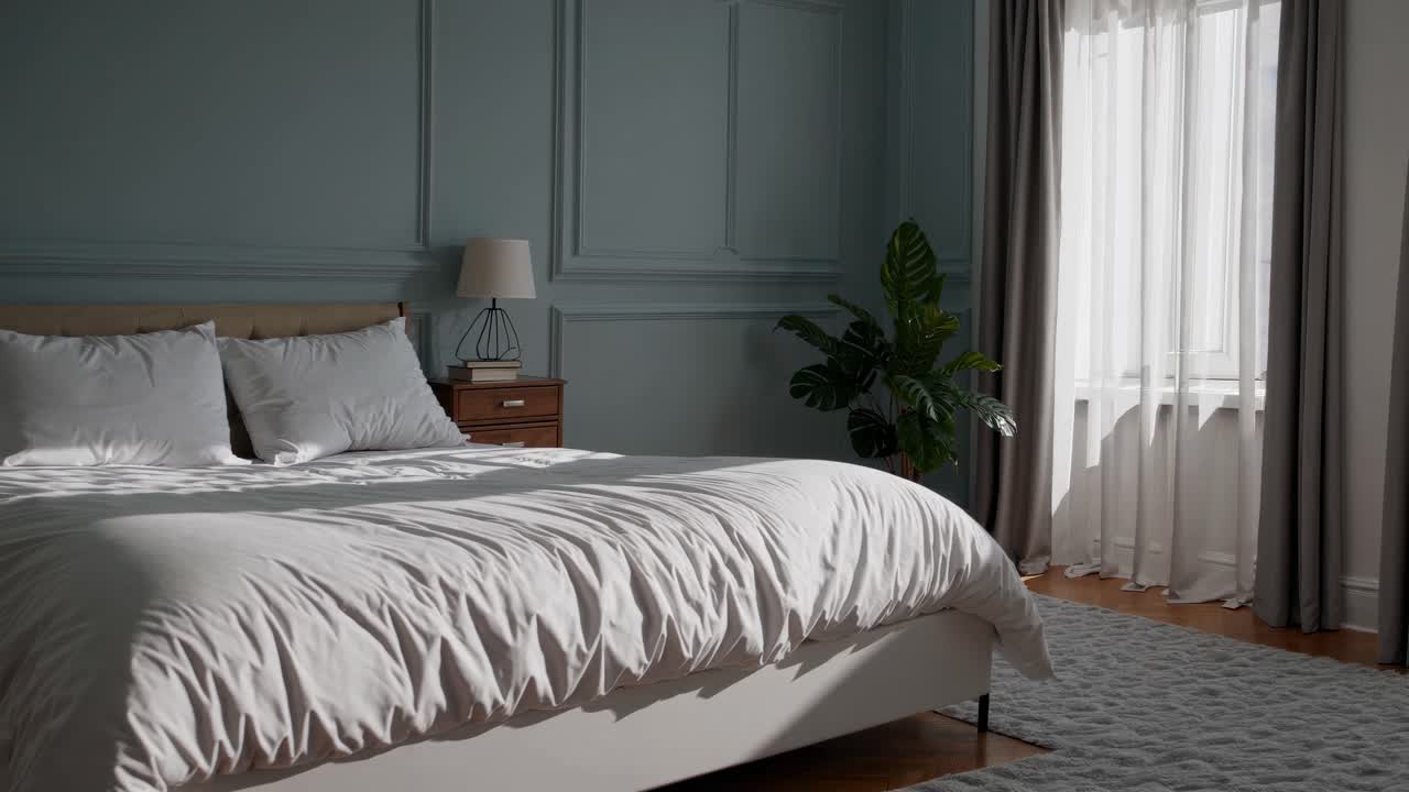 Una serena scena di una camera da letto con illuminazione soffusa, catturata da una bassa angolazione, che mette in risalto un letto ben fatto