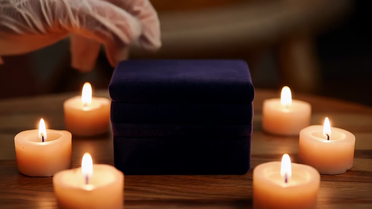 Mão com luva branca levantando e revelando uma caixa de veludo azul em uma mesa de madeira, velas mostrando o brilho do diamante