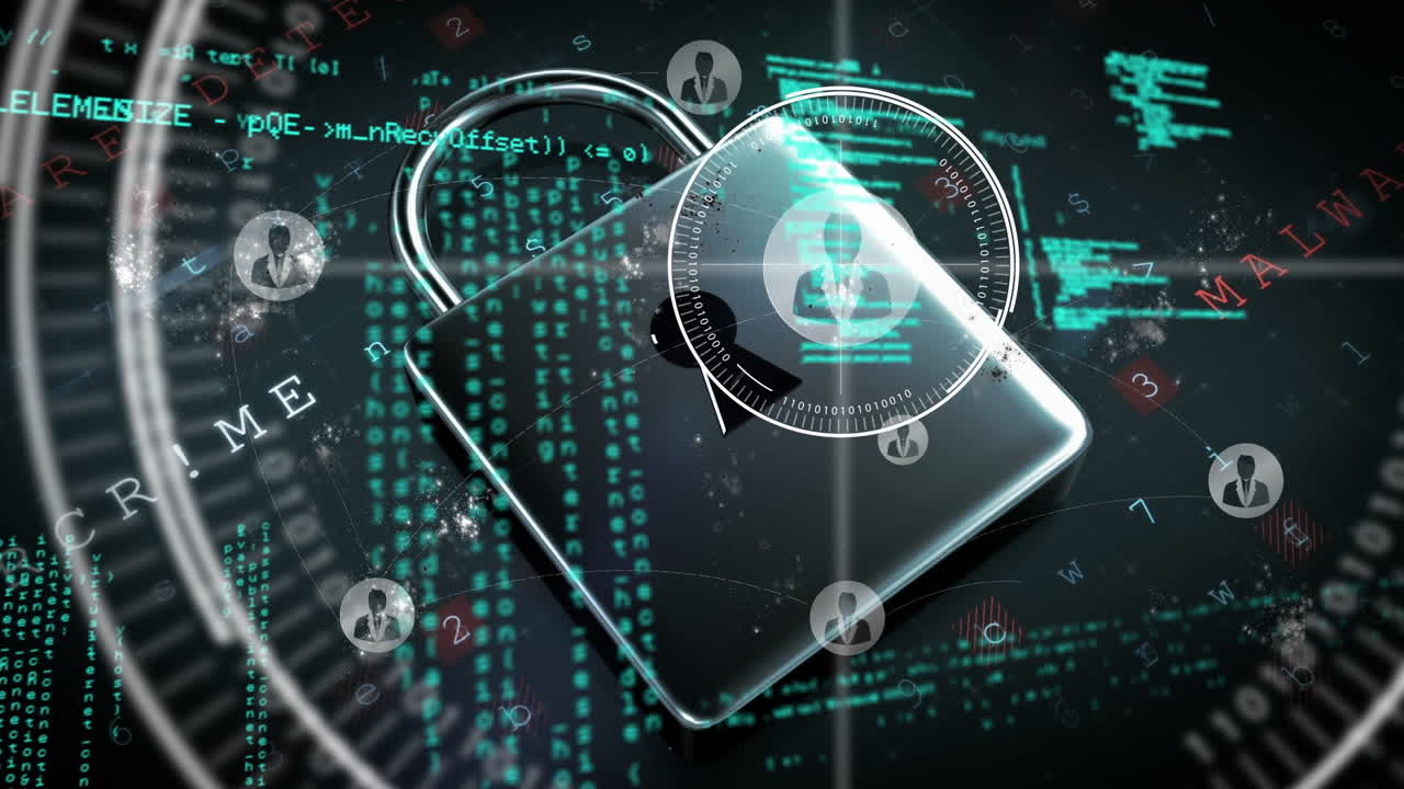 Animation of padlock and media icons over data processing