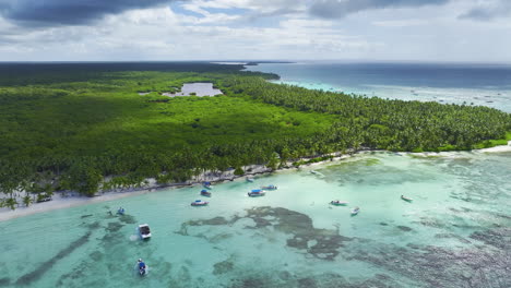 Ascending-drone-shot-moving-slightly-to-the-right-side-of-the-frame,-above-a-beachfront-located-in-the-Dominican-Republic-showing-the-white-sandy-beach-and-crystal-clear-blue-waters-of-the-Caribbean