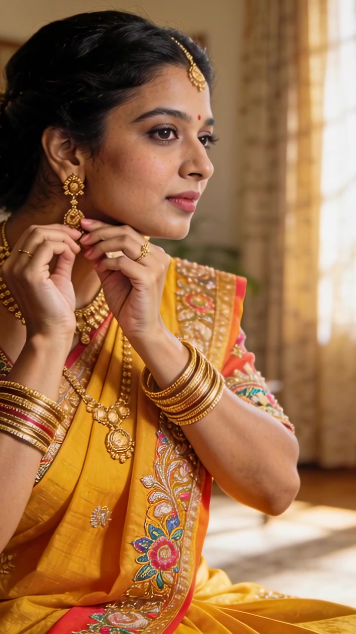 Video verticale: Donna in sari giallo che si prepara, sistemando orecchini jhumka d'oro a casa, per un matrimonio.