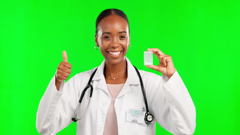 Doctor-woman,-medicine-and-thumbs-up-on-green
