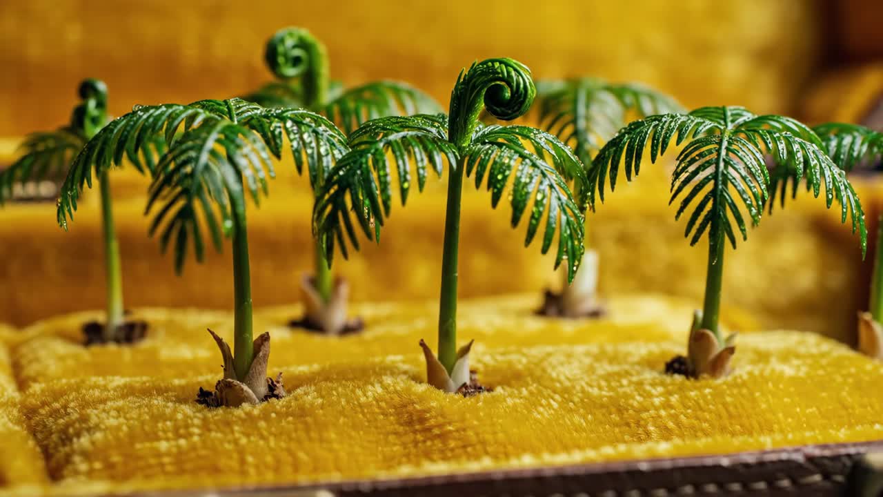 Miniature Palm Trees on Yellow Velvet