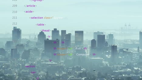animación del procesamiento de datos frente a una vista aérea del paisaje urbano