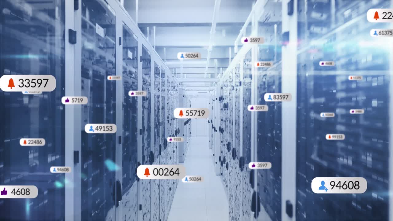 여러 소셜 미디어 아이콘의 애니메이션 모자이크 사각형에 대한 컴퓨터 서버 방