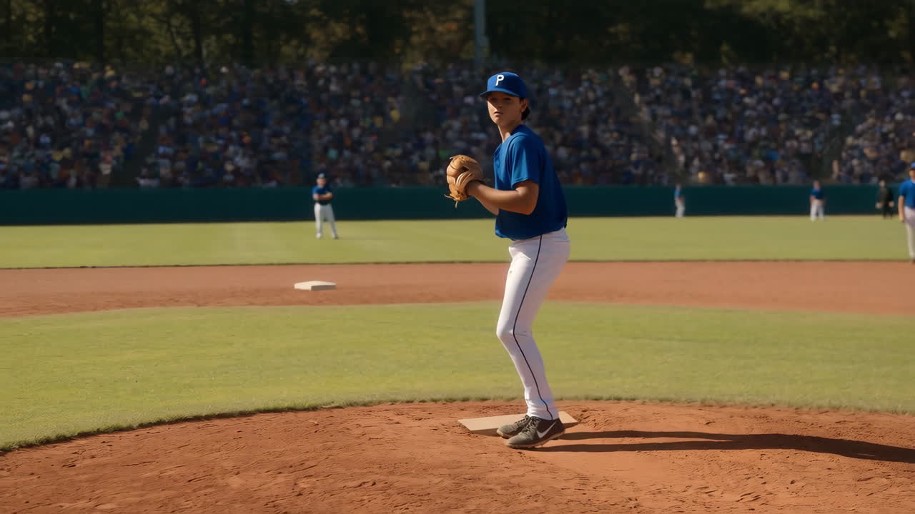 A young baseball pitcher's sequence of throwing on the mound in a stadium