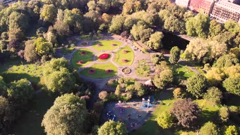 Dubliners enjoying summer sunshine in Dublin famous city park St Stephen&#039;s Green - aerial