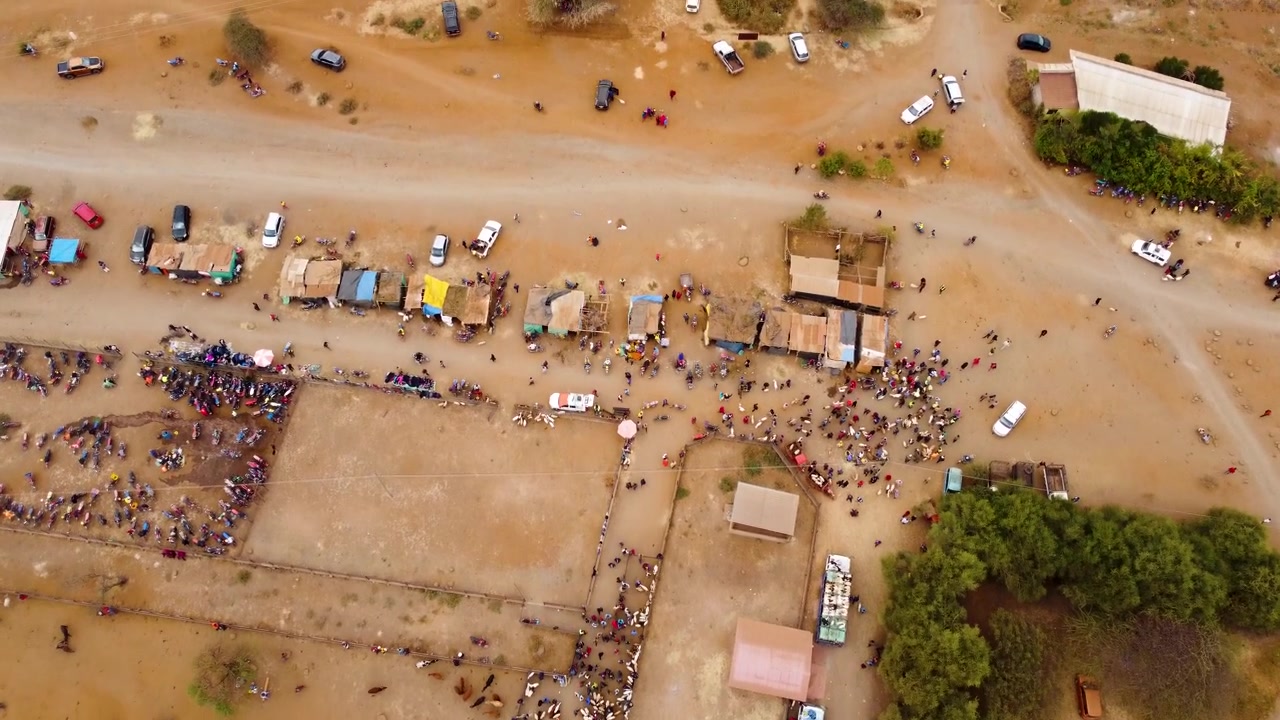 Riprese aeree con drone dall'alto del vivace mercato del bestiame Maasai a Kimana, Kenya, che mostrano i commercianti caricare capre sui camion e l'autostrada adiacente per Nairobi.