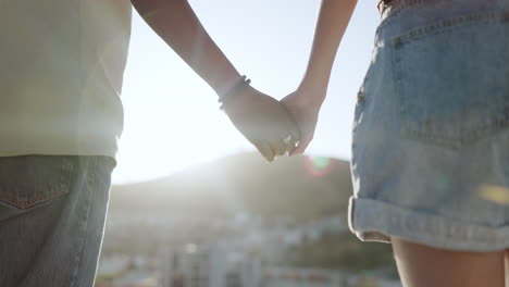 summer, love and couple holding hands in the city