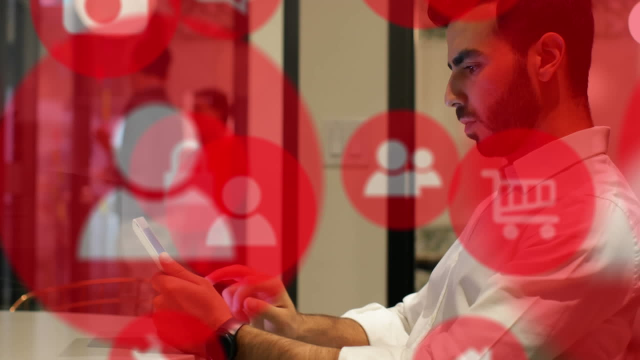 디지털 아이콘이 디지털 태블릿을 사용하여 사람에 대해 움직입니다.