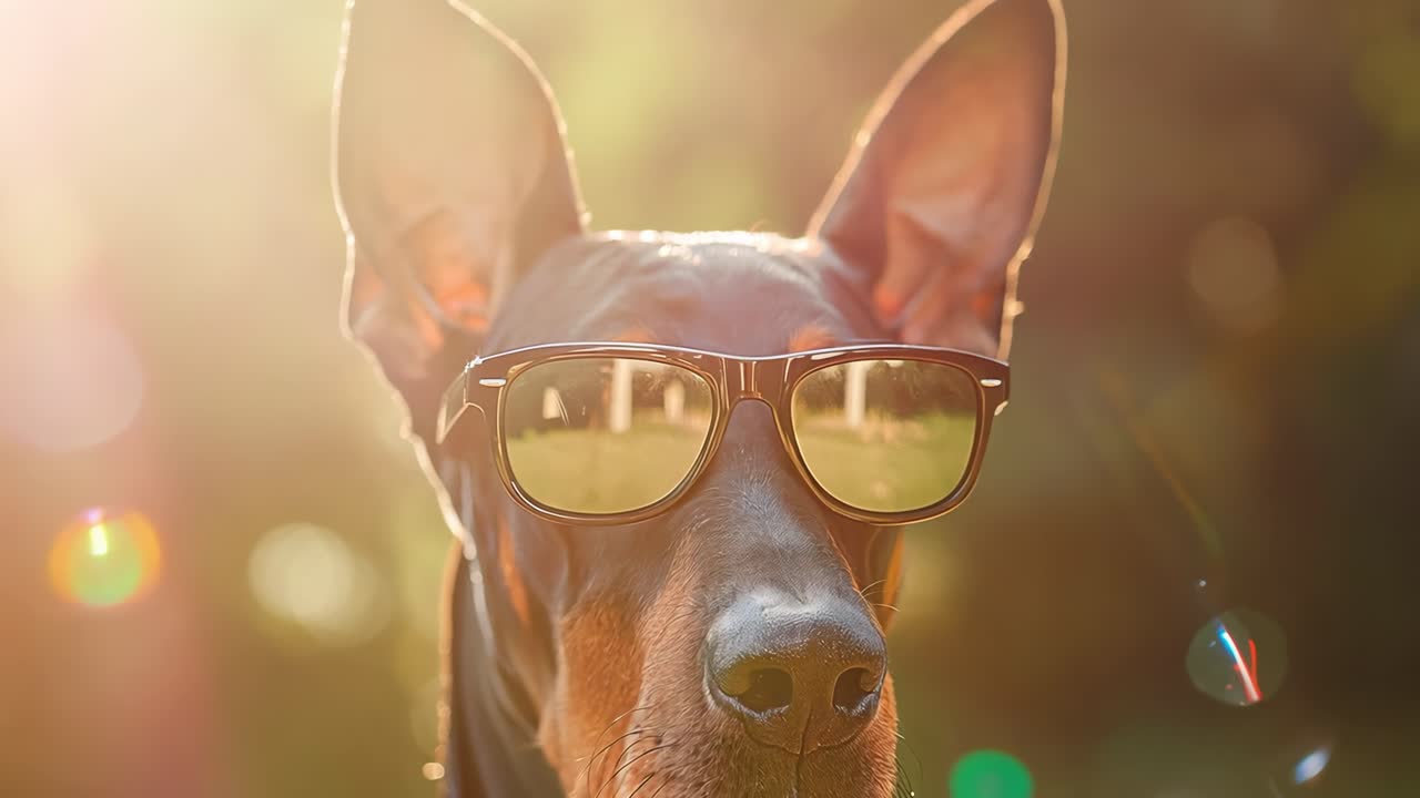 Playful doberman wearing dark sunglasses enjoying sunny garden, featuring six different humorous shots capturing canine personality and summer mood