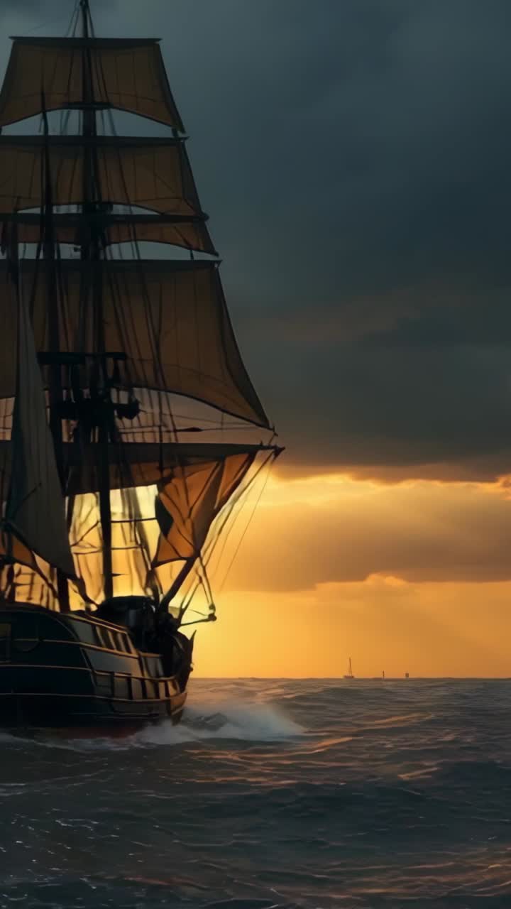 Vertical video: Three-masted ship gliding through waves at sea at sunset, wind filling sails