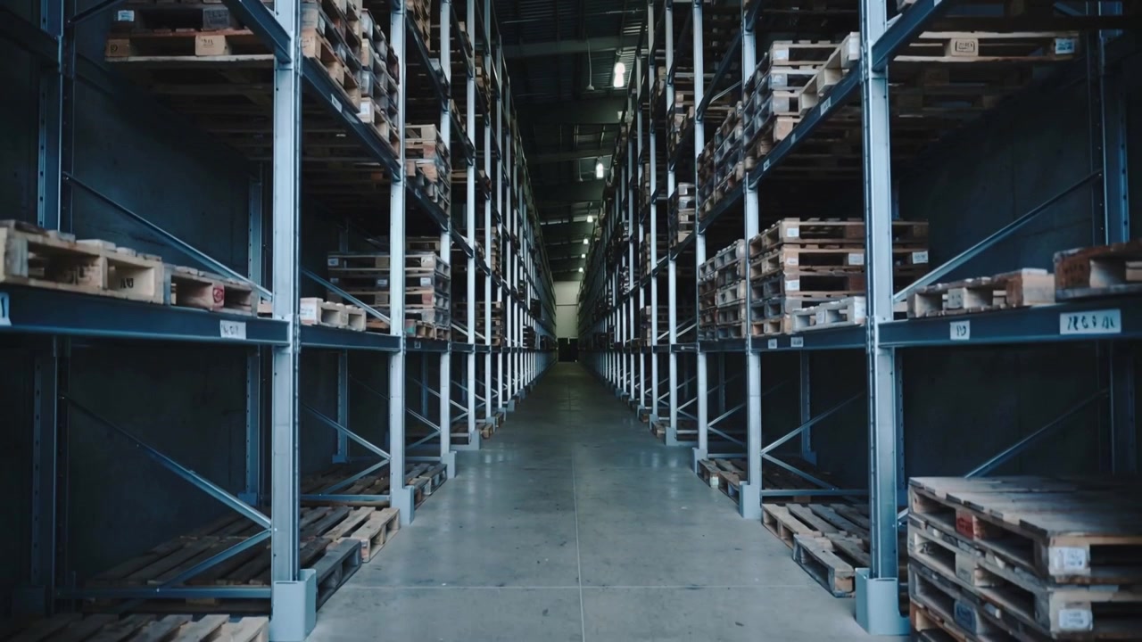 Corridoio scorrevole che mostra profondità mentre la telecamera avanza nel deposito, rivelando scaffalature metalliche e pallet