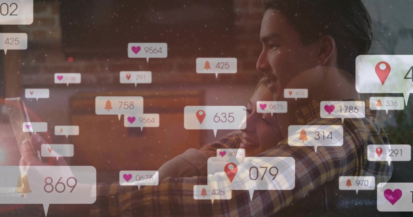 Happy Couple Using Smartphone with Social Media Notification Overlays