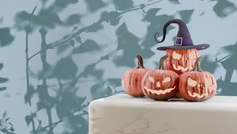 Calabazas-De-Halloween-Con-Sombrero-De-Bruja-Proyectando-Sombras-Sobre-Fondo-Azul.