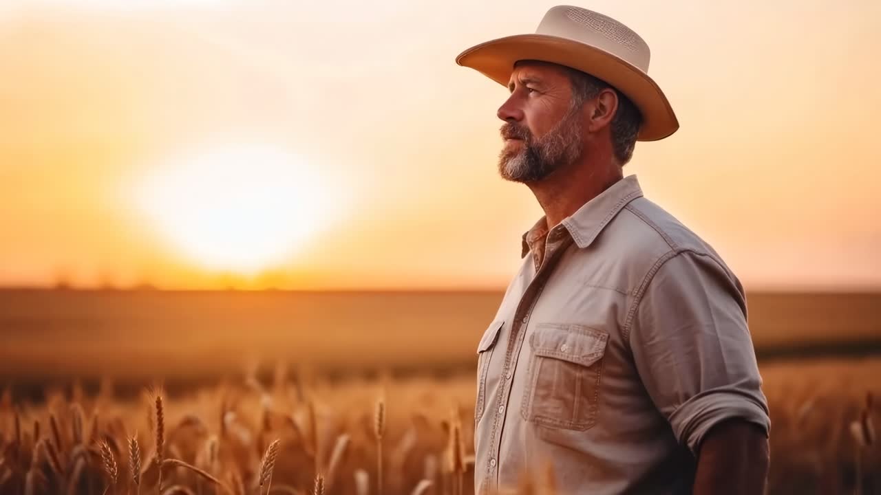 En landmand på en hvedemark ved solnedgang, i sideprofil, med hat på.