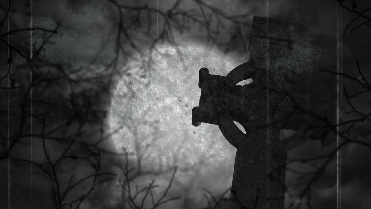animación de interferencia sobre espeluznante tumba de halloween, luna y ramas de árboles sobre fondo gris