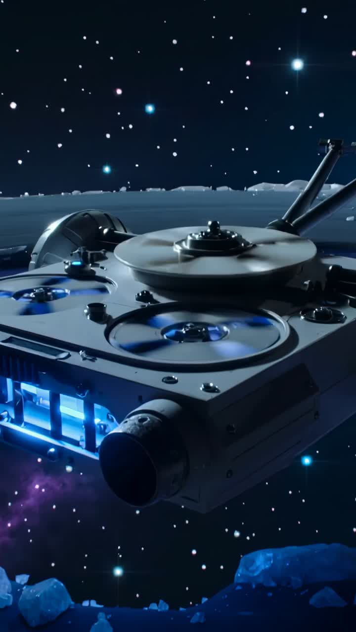 Vertical video: Igniting twin nozzles compact spacecraft lifting off emitting blue plumes to nebula