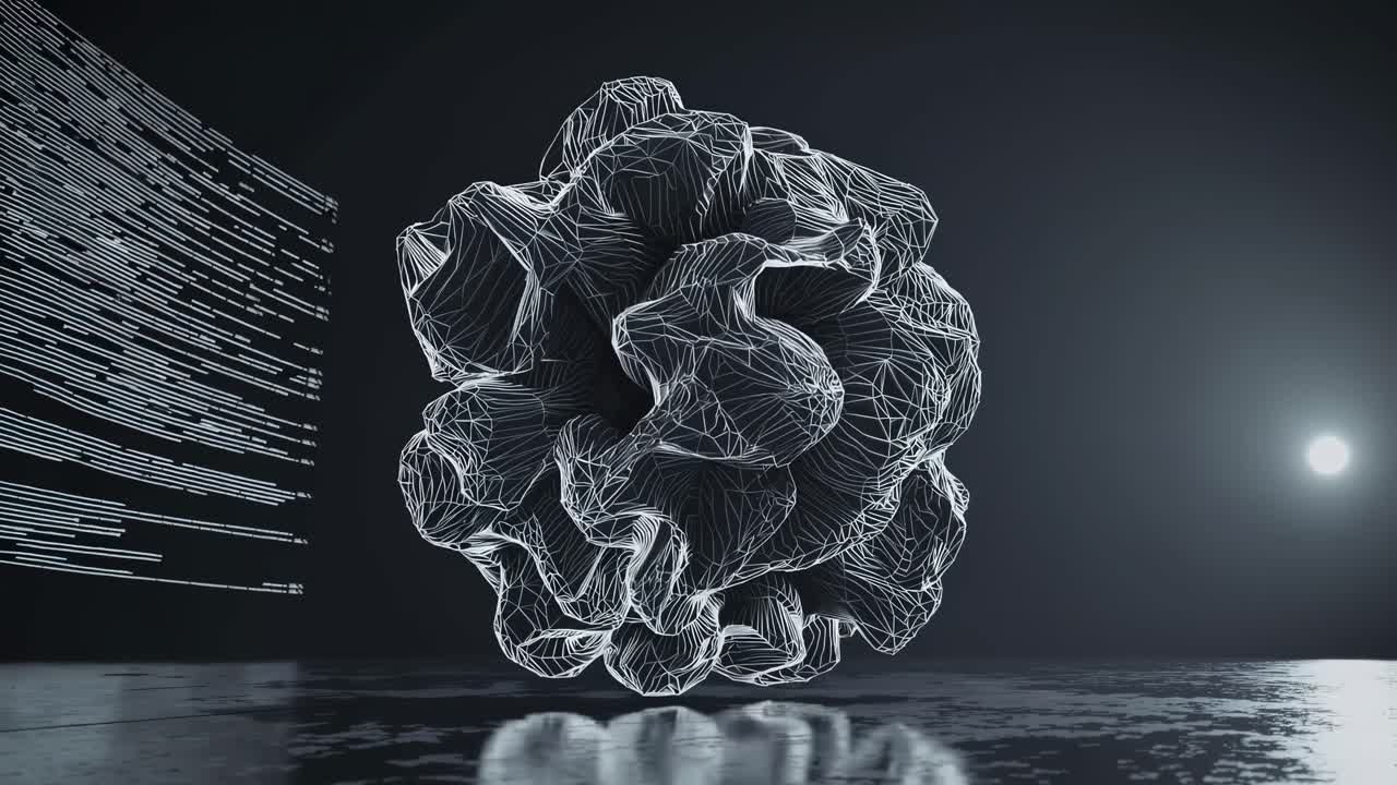 Abstract 3D shape with wireframe texture in a dark space, viewed from a low angle