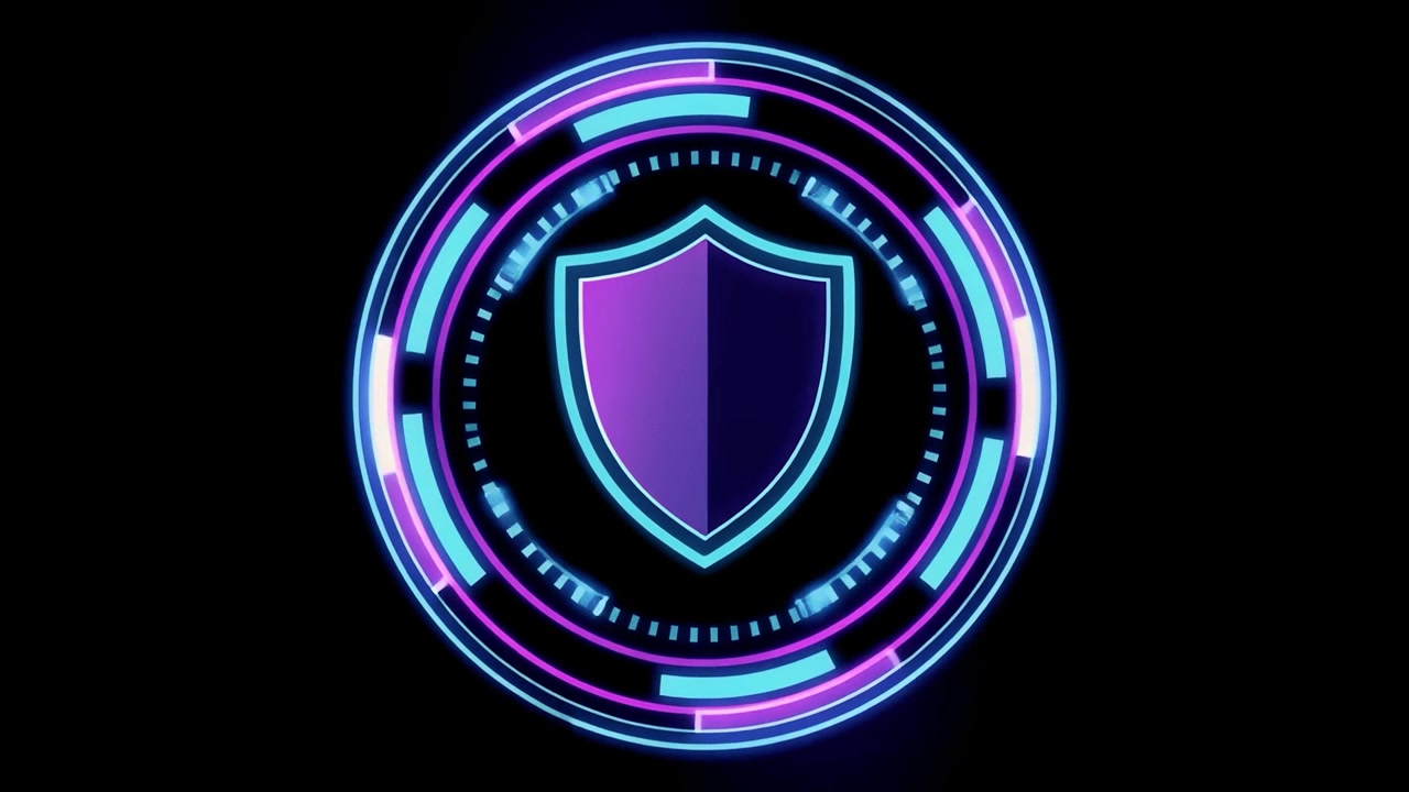 Futuristic Digital Shield Icon with Neon HUD Animation
