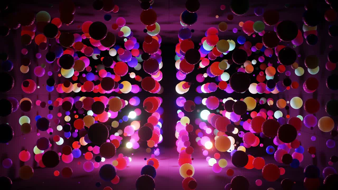 무작위로 빛나고 서로 반사되는 공중의 다채로운 공의 추상적인 구성, 빛의 효과와 함께 간단한 기하학적 어두운 배경으로 공중에서 다채로운 구.