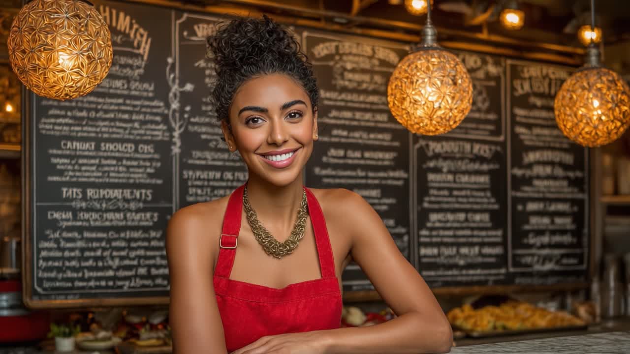 A Smiling Barista in a Cozy Café Environment Illuminated by Warm Pendant Lights, Exuding a Joyful and Welcoming Atmosphere for Patrons Enjoying Delicious Treats