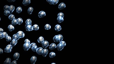 flying many water drops on black background. pure droplets. transparent surface. 3d animation of air bubbles rotating. loop animation.