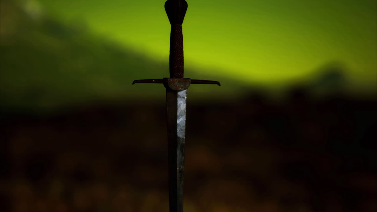 Sword embedded in rock under a glowing green sky during nighttime
