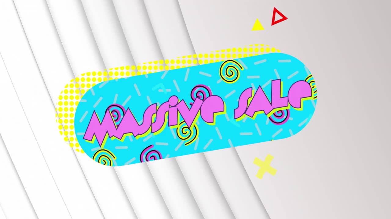 animación de un gran banner de texto de venta contra un patrón de textura a rayas geométricas sobre un fondo gris