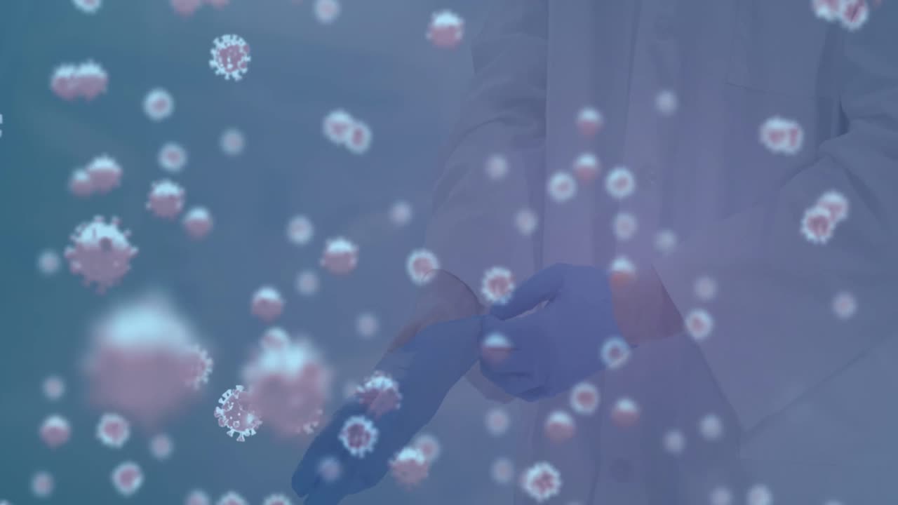 Animação de células de vírus sobre médico caucasiano com luvas