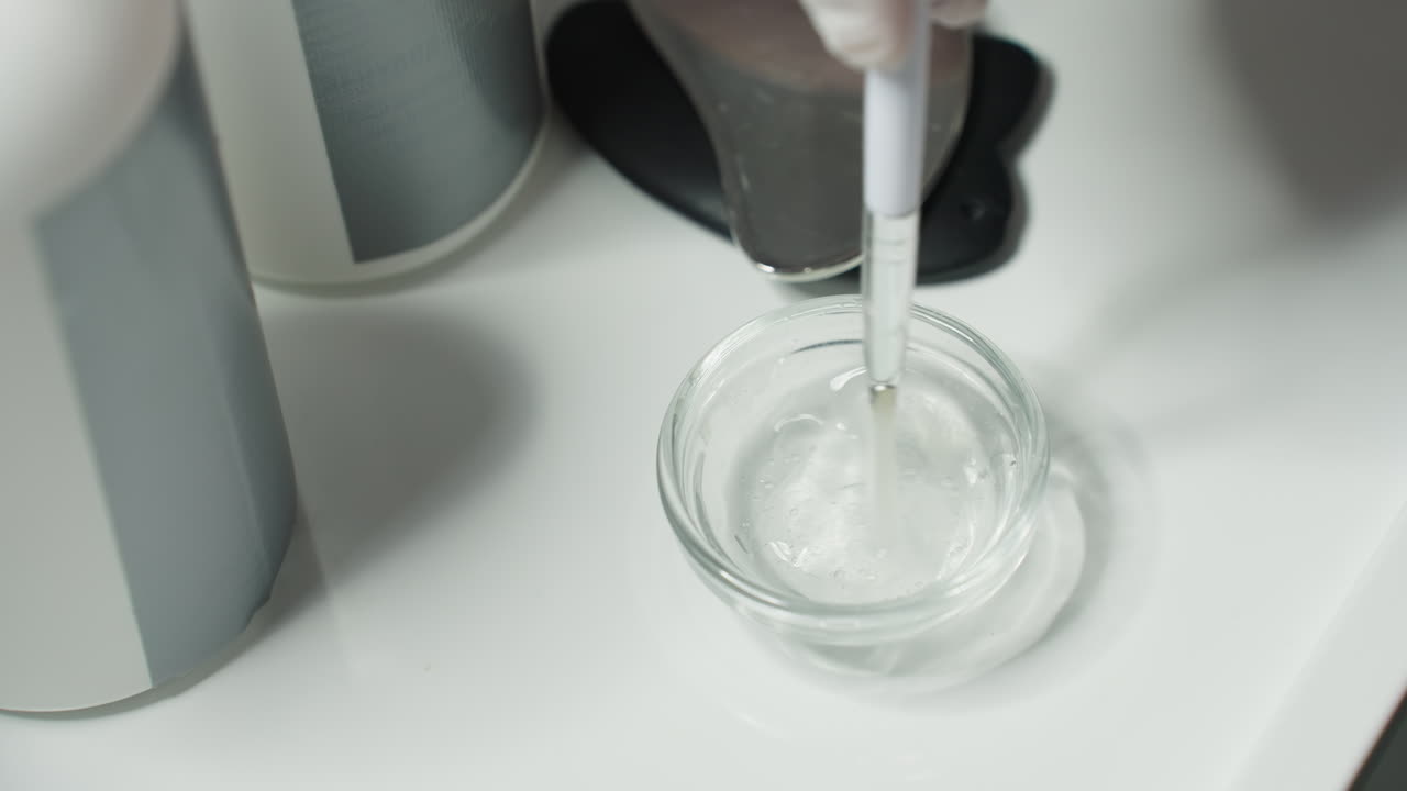 Hand On Protective Glove Stirring Clear Facial Gel In Glass Container On White Spa Tray Under Soft Light Highlighting Viscous Texture And Professional Skincare Ritual Details Precision