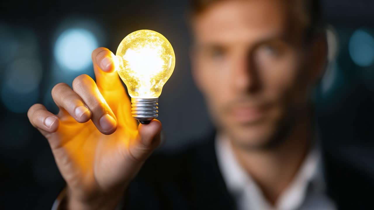 A Confident Individual Holding a Glowing Light Bulb, Symbolizing Innovation and Inspiration in a Professional Setting, Illuminated Against a Dim Background