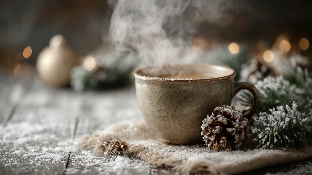 A Cozy Scene Featuring a Warm Cup of Steaming Beverage Surrounded by Winter Foliage, Pinecones, and Soft Snowflakes, Perfect for a Crisp Day by the Fire