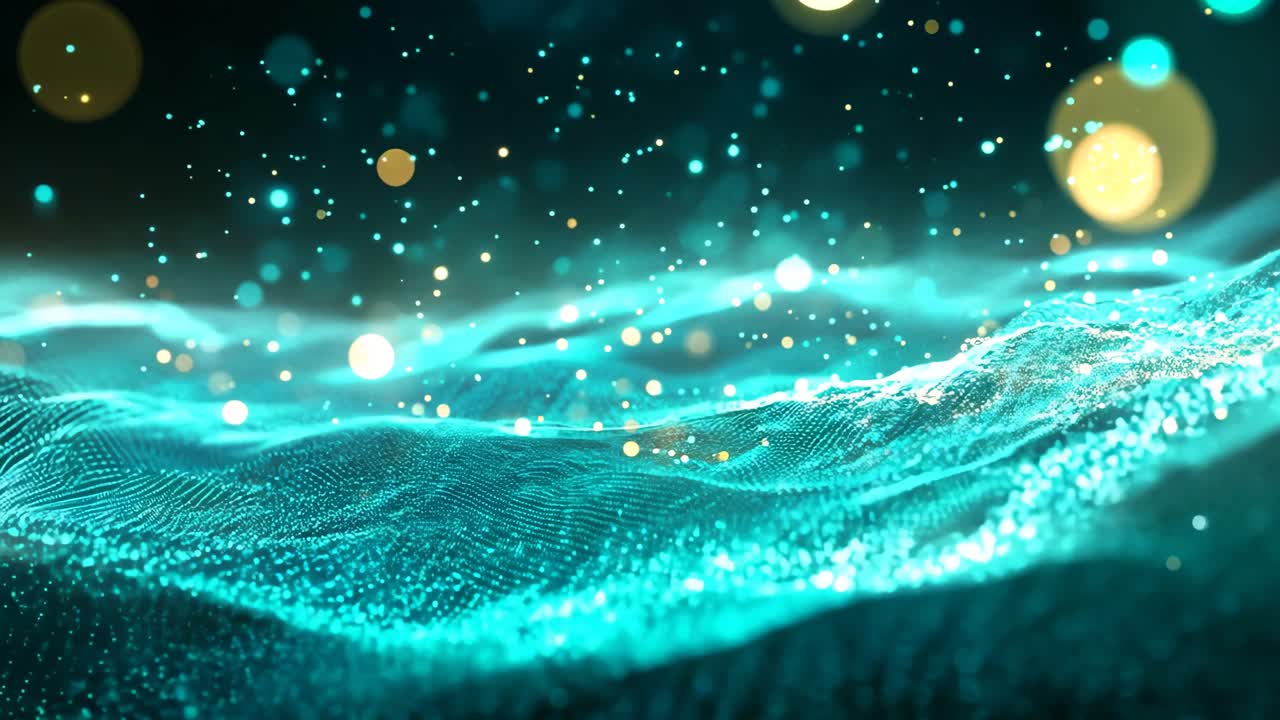 A blue and green landscape with a lot of sparkles. The sparkles are scattered all over the landscape, giving it a dreamy and ethereal feel