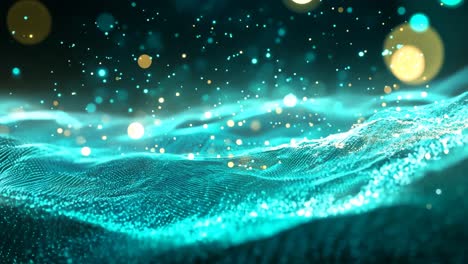 a blue and green landscape with a lot of sparkles. the sparkles are scattered all over the landscape, giving it a dreamy and ethereal feel