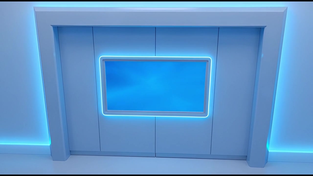 Futuristic Blue Wall with Glowing Neon Screen and Animated Background