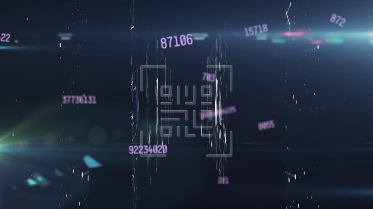 Animation of data processing and qr code over numbers changing