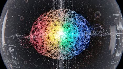 abstract representation of a colorful energy sphere in a futuristic visualization, displaying dynamic patterns and streams of data, symbolizing quantum concepts and connectivity
